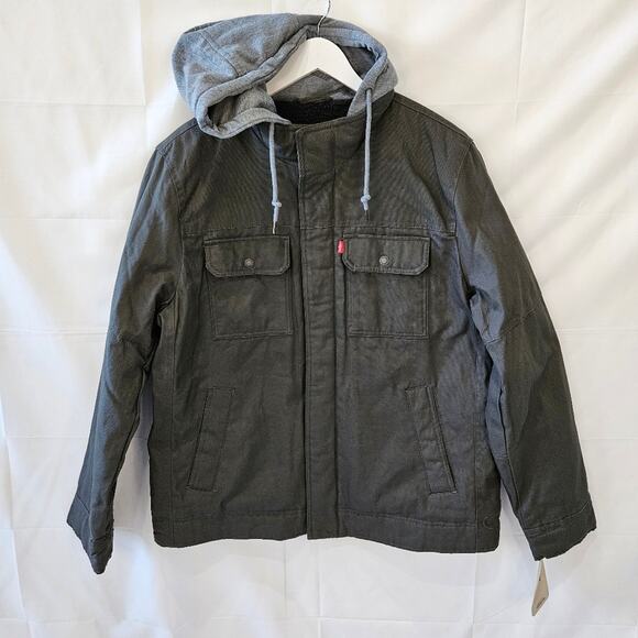 Levi's Men's Dark Gray Canvas Hooded Sherpa Jacket Size Large - Picture 1 of 10
